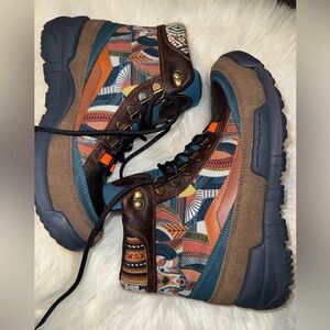 inkkas Multicolor Patterned Hiker Boots with Teal & Brown Accents